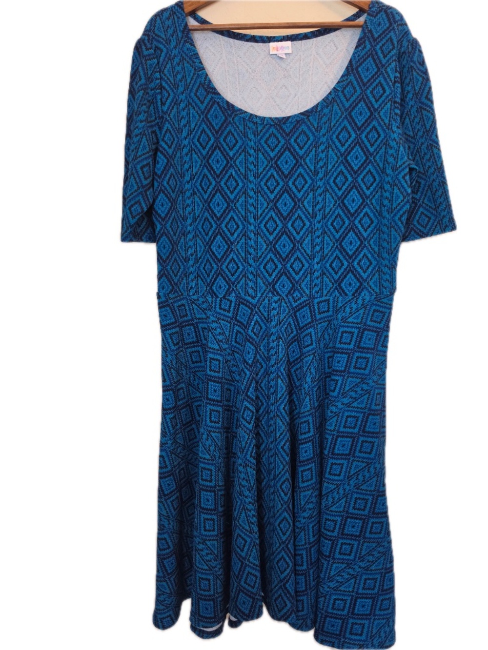 LuLaRoe Dress Womens 3XL Blue Geometric Maxi Scoop Neck 3/4 Sleeve Stretch